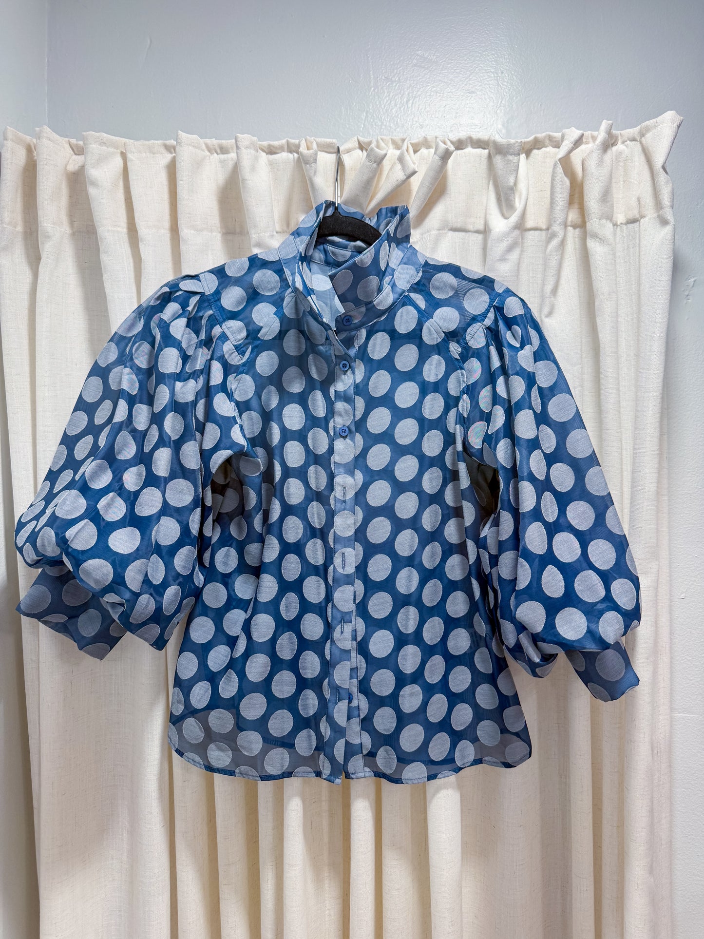 Gracia Sheer Polka Dot 3/4 Puff Sleeve Button Up Blouse Blue Women's Size L