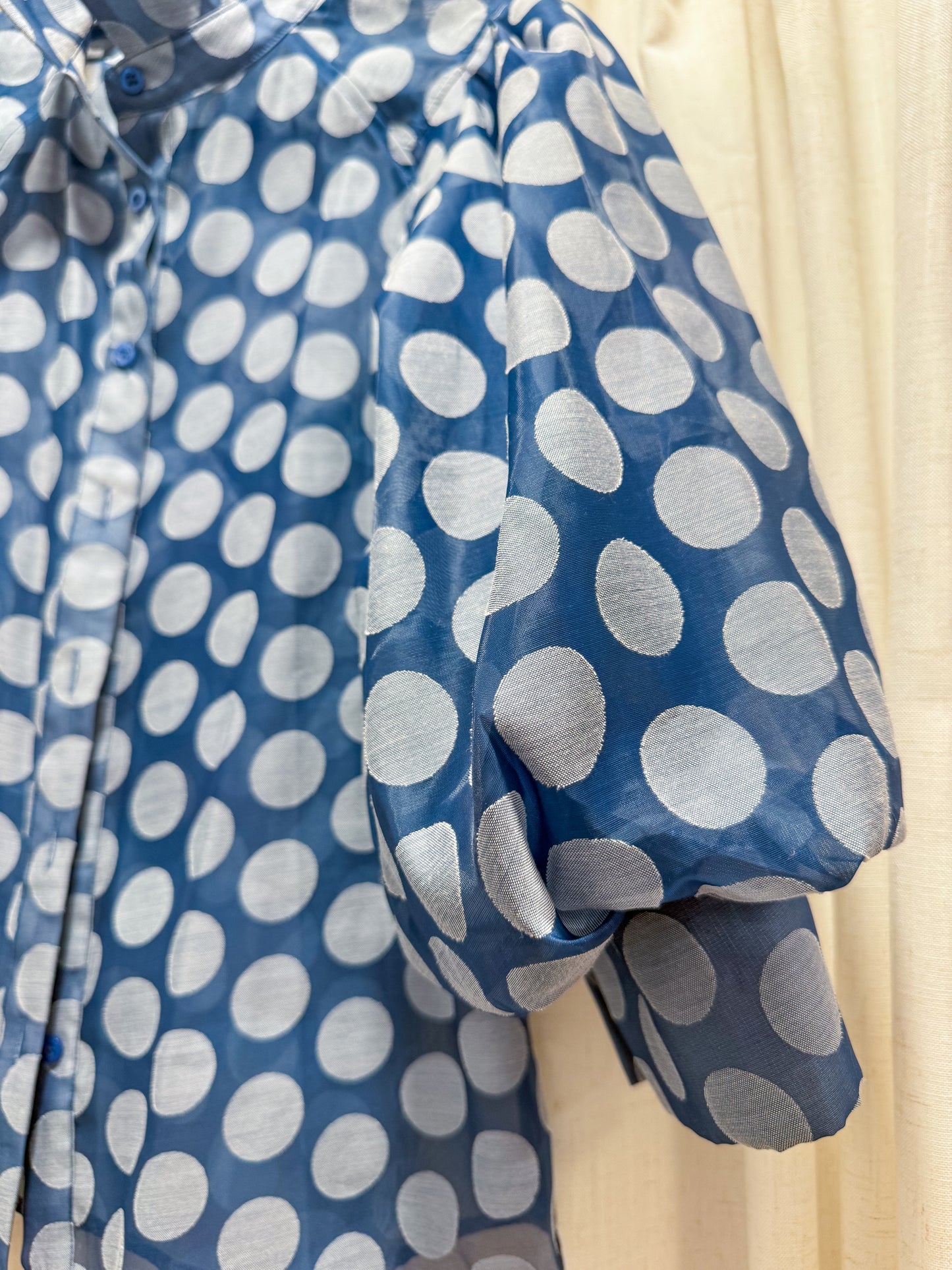 Gracia Sheer Polka Dot 3/4 Puff Sleeve Button Up Blouse Blue Women's Size L