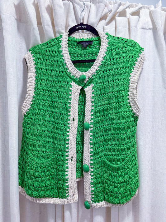 Zara Crochet Green and Cream Vest Women's Size L